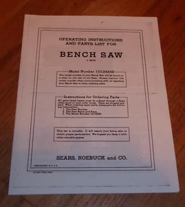 SEARS CRAFTSMAN 8 INCH BENCH SAW OWNERS MANUAL 103.22422 22422 TABLE - Picture 1 of 1