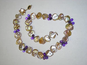 Peacock Color Keishi Pearls Faceted Amethyst Drop Necklace 14K Yellow Gold Clasp - Picture 1 of 8