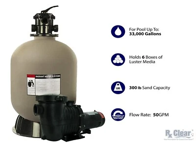 RX CLEAR® Rx Clear Radiant 24" In-Ground Swimming Pool Sand Filter System w/ .90 THP Pump