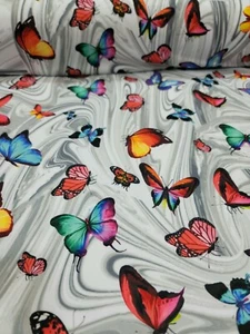 Butterflies Butterfly Multicolor Painting Fabric by the Yard Stretch Rayon Gray - Picture 1 of 10