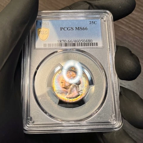 MS66 1961 Washington Silver Quarter, PCGS- Pretty Rainbow Toned (Bad True View) Cover