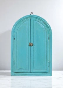 Hand Crafted Wooden Arch Shaped Wall Décor Window Frame Mirror Bright Blue - Picture 1 of 7