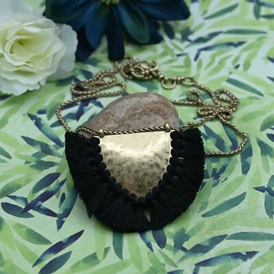 Lucky Brand Black Silk Fringe Tassel Gold Tone Hammered 30" Necklace - Image 1 of 4