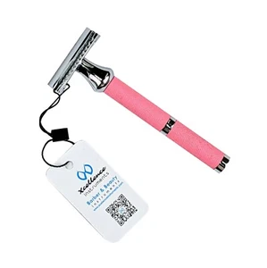 Xcellence Rasoio di Sicurezza Doppio Bordo, Manico in Acciaio Lucido Rosa più 5 Lame - Foto 1 di 6