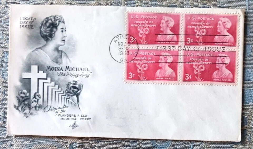 WW2   MEMORIAL POPPY MOINA MICHAEL FALLEN SOLDIERS ARTCRAFT 1948 FDC STAMP BLOCK - Image 1 of 1
