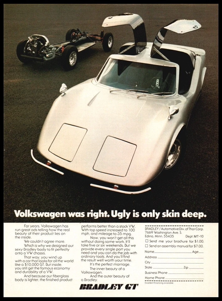 1974 Bradley GT kit car-Vintage  silver car ORIG. print ad-Man Cave,Garage Decor Foto 1 de 1