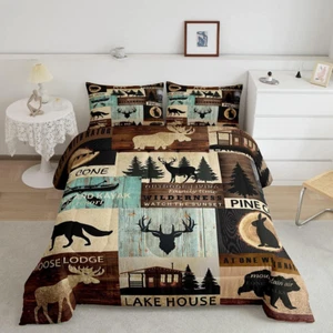 Hunting Woodland Animal Comforter Set Queen Rustic Fox Bear Deer Moose Bedding S - Picture 1 of 5