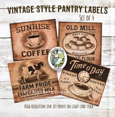 Kitchen Pantry Labels, Vintage Style Coffee, Flour, Milk, Handmade Ephemera - Image 1 of 3