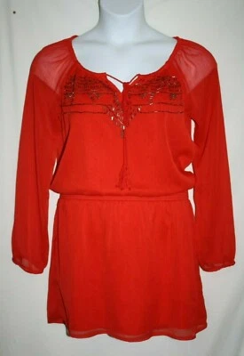 Jessica Simpson Misses MEDIUM Georgette Red Beaded Blouson Sheer Mini Dress - Image 1 of 4