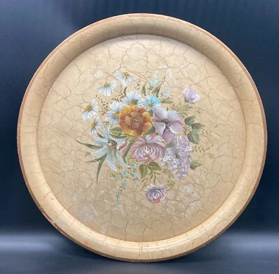 Ancien Plateau Rond 46,2 Cm Avec Fleurs Nature Morte Shabby Chic Vintage Antique - Photo 1/4