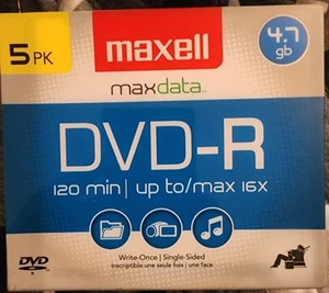 Maxell® DVD-R Discs 5 Pack,4.7GB 16x w/Jewel Cases - Picture 1 of 2