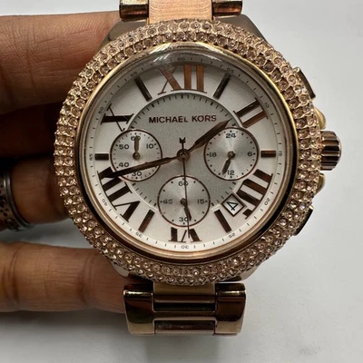 Michael Kors Camille Watch Women Rose Gold Tone Crystal Bezel Date New Battery - Image 1 of 4