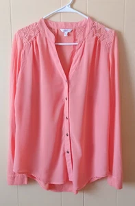 CANDIES Womens Large Peach Button Up Long Sleeve Mandarin Collar Top - Picture 1 of 11