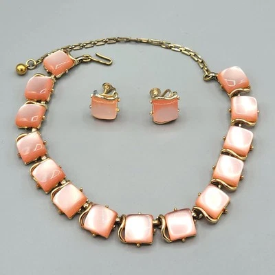 Vintage Unsigned MCM Thermoset Pink Moonglow Lucite Panel Necklace 16" Earrings - Image 1 of 4