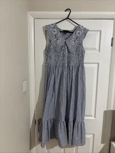 New Look Blue Striped Floral Midi Dress UK Size 16 - Picture 1 of 3