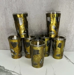 Vintage Mexican Cordial Shot Glasses With Etched Brass Overlay Set Of 7 - Picture 1 of 7