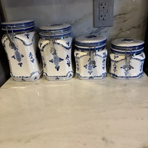 Vintage Graduated Panware Blue & White Fruit Grapes Lidded Kitchen Canister Set - Picture 1 of 24