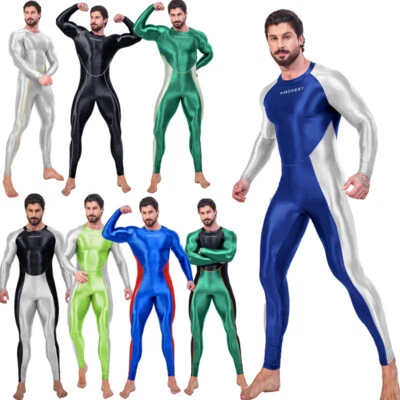 AMORESY Men's Shiny Tracksuits Bodysuit Jumpsuits Tights Overalls Activewear - Image 1 of 4