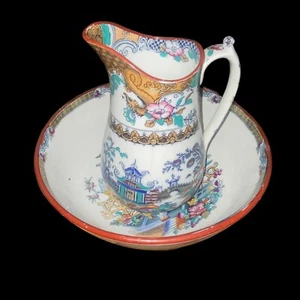 Antique 1862 Beech & Hancock Pekin Pattern Pitcher Jug & Wash Bowl Chinoiserie - Picture 1 of 24