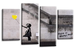Banksy Wall Art Yellow Grey Balloon Girl Living Room Bedroom Split Canvas Framed - Picture 1 of 5