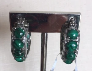 NWT Women’s Malachite Surgical Steel Hoop Pierced Earrings 316 L SS Fine Jewelry - Picture 1 of 9