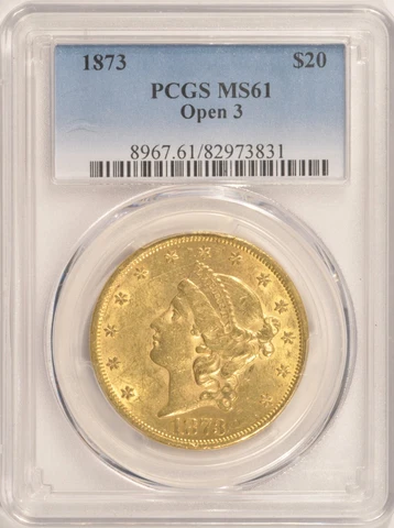 1873 OPEN 3 $20 Gold Double Eagle Coin PCGS MS61 Pre-1933 Gold Cover