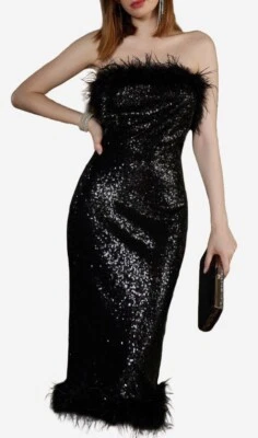 Vestido Bandeau - Vestido Midi Negro Sin Tirantes Lentejuelas con Ribete de Plumas Negro Foto 1 de 4