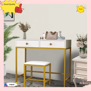 White and Gold Desk with 2 Drawers Girls Makeup Vanity Padded Stool Small Set - Picture 1 of 10