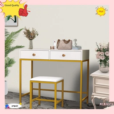 White and Gold Desk with 2 Drawers Girls Makeup Vanity Padded Stool Small Set - Image 1 of 4