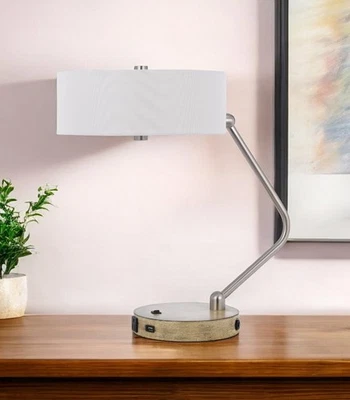 20" Brown Metal Two Light Lantern Desk USB Table Lamp With White Drum Shade - Image 1 of 4