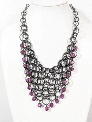 Collar de cuentas con dije púrpura babero de malla circular metálico gris 20 pulgadas Foto 1 de 4