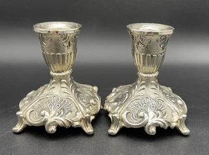 VTG Pair Victorian STYLE Candle Stick Holder Silver tone Ornate Scrollwork Japan - Picture 1 of 8