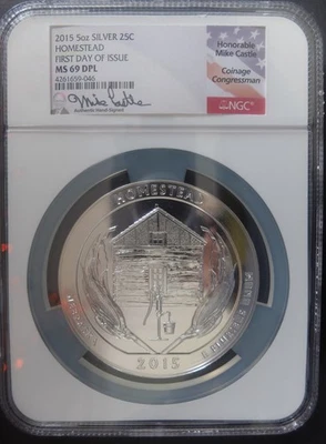 2015 5oz Silver 25c Homestead First Day Of Issue, MS69DPL - Image 1 of 2