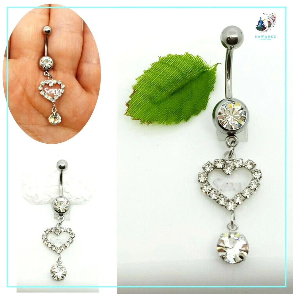 Piercing in acciaio da ombelico gioiello cuore argento scritta sexy brillantini - Immagine 1 di 4