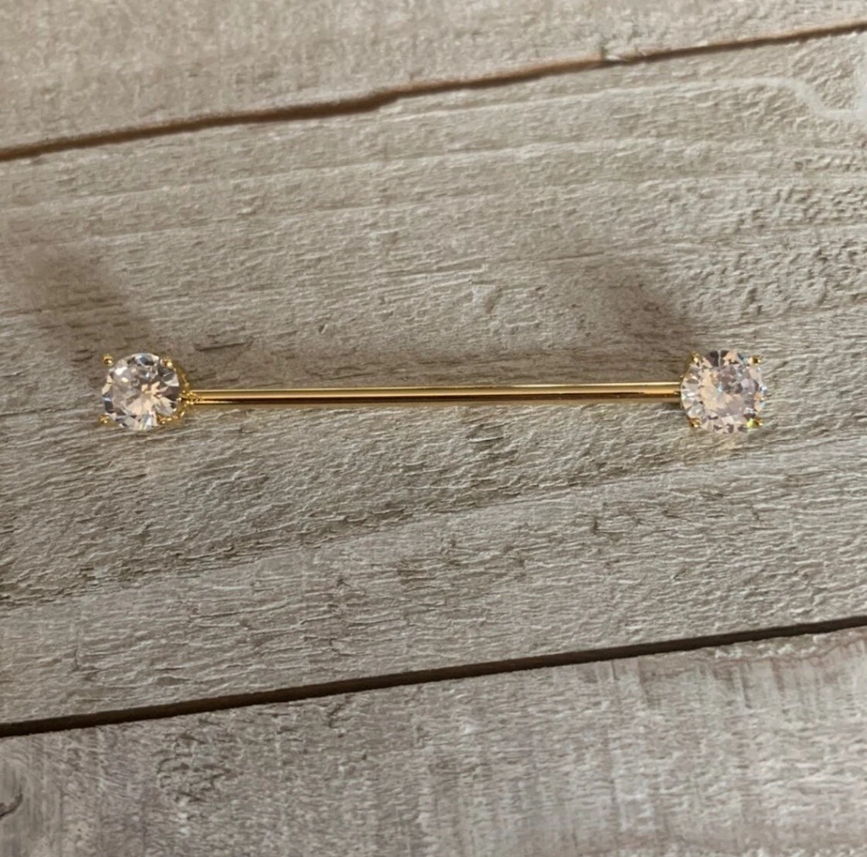 "Nuevo pendiente cartílago 1,5"" calibre 14 chapado en oro gema circonita cúbica transparente barra industrial" Foto 1 de 1