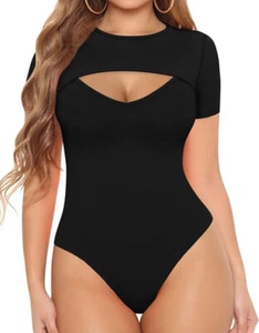 Mangopop Women’s Front Cutout Round Neck Black Bodysuit short Sleeve Size Medium - Picture 1 of 12