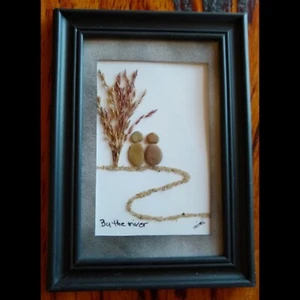 Couple Sitting By The River Pebble Art by Mimi 5 x 7 Framed Wall Home Decor Gift - Picture 1 of 1