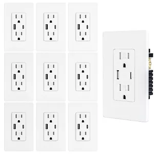 Toma de pared USB de 15 amperios con puerto tipo C y USB A, receptáculo TR listado por UL - 10 piezas - Imagen 1 de 7
