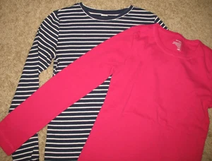 Girls' L 10/12 Old Navy Long Sleeve Knit Shirts set of 2 Blue Striped Solid Pink - Picture 1 of 3