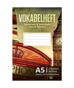 Vokabelheft DIN A5 2 Spalten Englisch: 60 Seiten liniert - Lineatur 53 mit Mitte - Bild 1 von 1