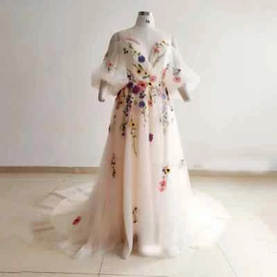 3DFlower Wedding Dresses Puffy Sleeves Sweetheart A-line Bridal Gowns Plus Size  - Image 1 of 4