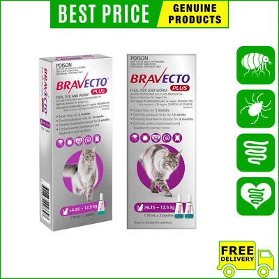 BRAVECTO PLUS For Cats 6.25 to 12.5 Kg PURPLE 1, 2 Pipettes Heartworm Control - image 1 of 2