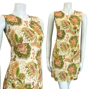 Vintage 60er Mod creme rosa grün braun psychedelisch Blumen Empire Minikleid 8 - Bild 1 von 10