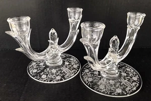 Vintage New Martinsville Etched Glass Prelude Candlesticks (2) Double Light - Picture 1 of 12
