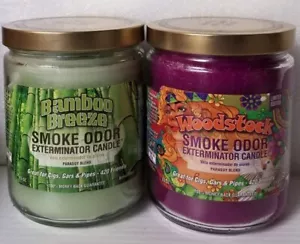 Smoke Odor 13 oz Candles 2 Fragrances Set Bamboo Breeze/Woodstock. - Picture 1 of 3