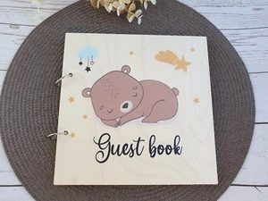 Libro de visitas de cumpleaños Oso dormido Álbum de chatarra Letrero de madera Foto Recuerdo - Imagen 1 de 5