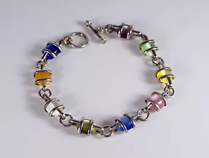Caged Moonglow Moon Glow Glass Cabochon Link Silver Tone Toggle Bracelet - Picture 1 of 7