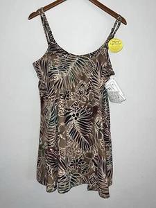 QVC It Figures! NEW Skirted One Piece Swim Dress Brown Green Tropical Palm 20W - Picture 1 of 7