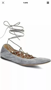 Valentino Rockstud Lace-Up Gladiator Flat Ballerina Shoes Gray Size 37 Suede - Picture 1 of 12