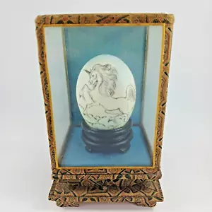 VTG Chinese Hand-Painted Egg In Glass Case Unicorn Hopes Fulfilled Collectible - Picture 1 of 19